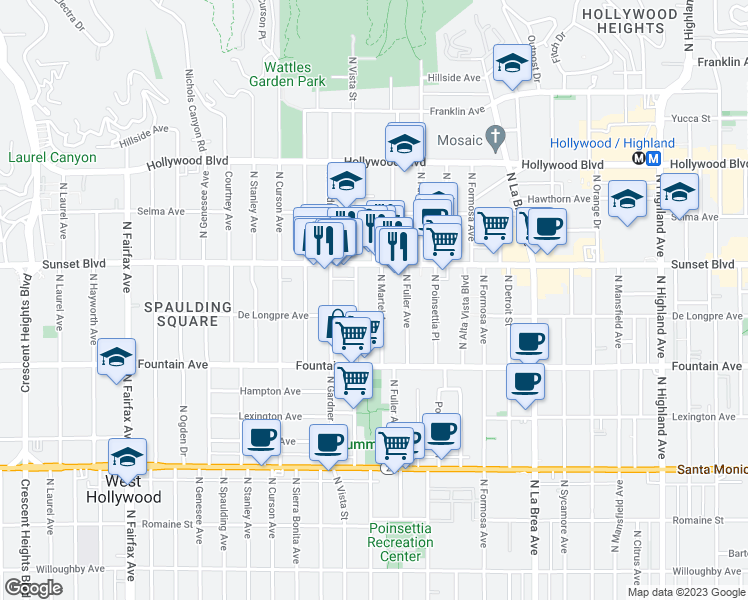 map of restaurants, bars, coffee shops, grocery stores, and more near 1427 North Martel Avenue in Los Angeles