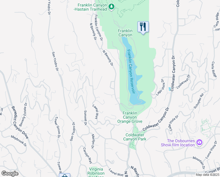 map of restaurants, bars, coffee shops, grocery stores, and more near 9629 Highland Gorge Drive in Beverly Hills