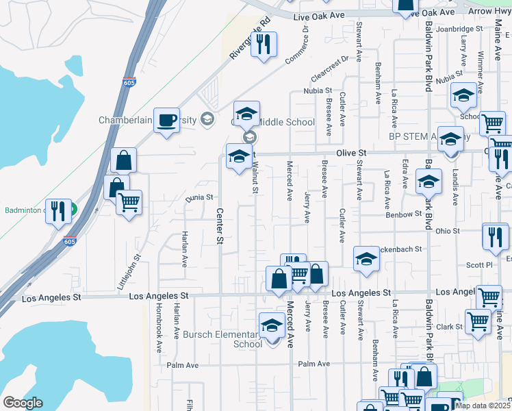 map of restaurants, bars, coffee shops, grocery stores, and more near 4701 Walnut Street in Baldwin Park