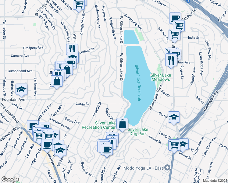 map of restaurants, bars, coffee shops, grocery stores, and more near 2036 Balmer Drive in Los Angeles