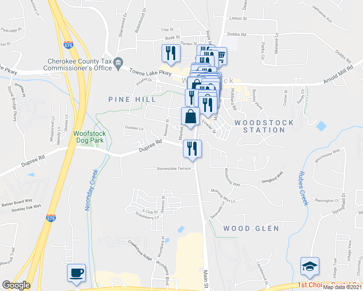 map of restaurants, bars, coffee shops, grocery stores, and more near 106 Dupree Road in Woodstock