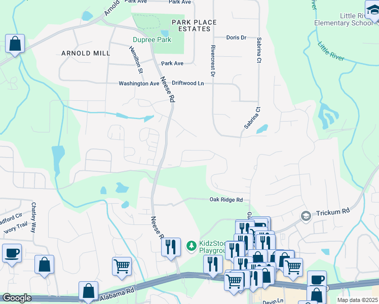 map of restaurants, bars, coffee shops, grocery stores, and more near 132 Neese Farm Drive in Woodstock