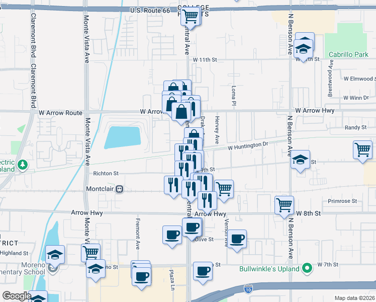 map of restaurants, bars, coffee shops, grocery stores, and more near 16 North Central Avenue in Upland