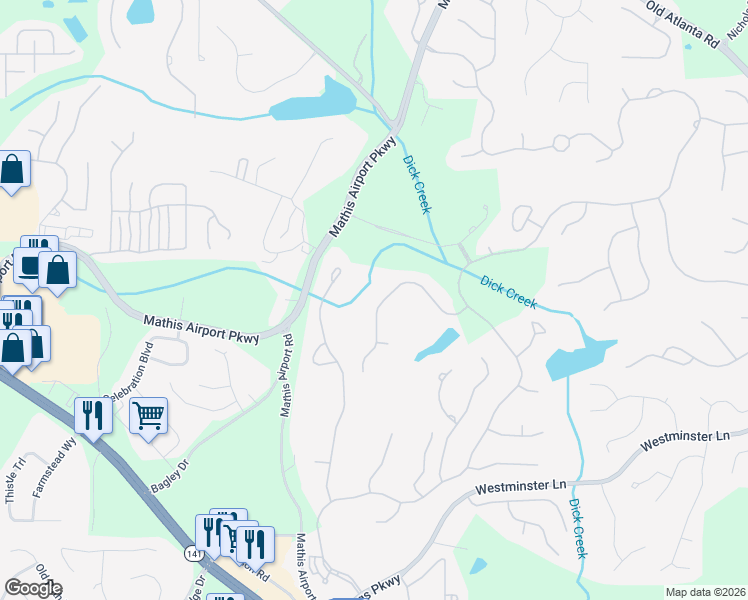 map of restaurants, bars, coffee shops, grocery stores, and more near 6405 Haddington Lane in Suwanee