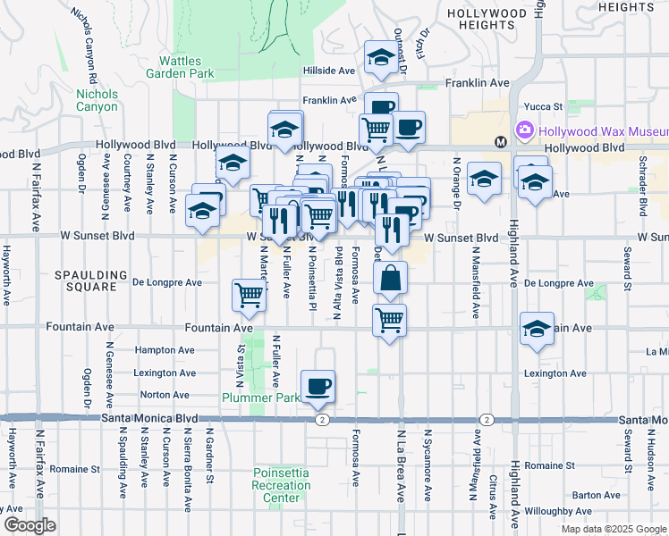 map of restaurants, bars, coffee shops, grocery stores, and more near 1425 North Alta Vista Boulevard in Los Angeles