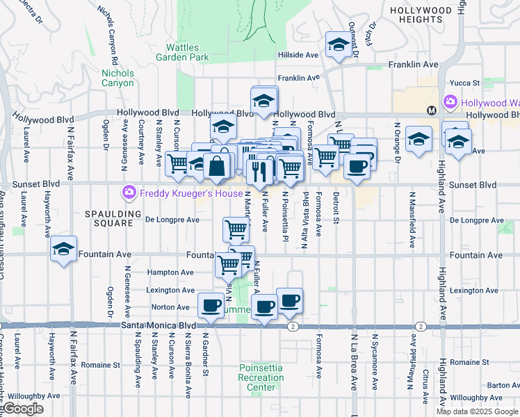 map of restaurants, bars, coffee shops, grocery stores, and more near 1427 North Fuller Avenue in Los Angeles