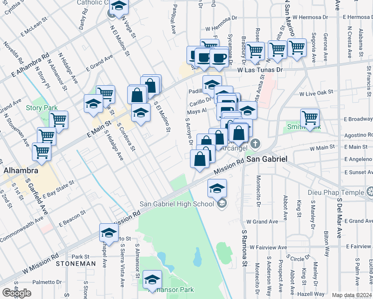 map of restaurants, bars, coffee shops, grocery stores, and more near 333 South Arroyo Drive in San Gabriel