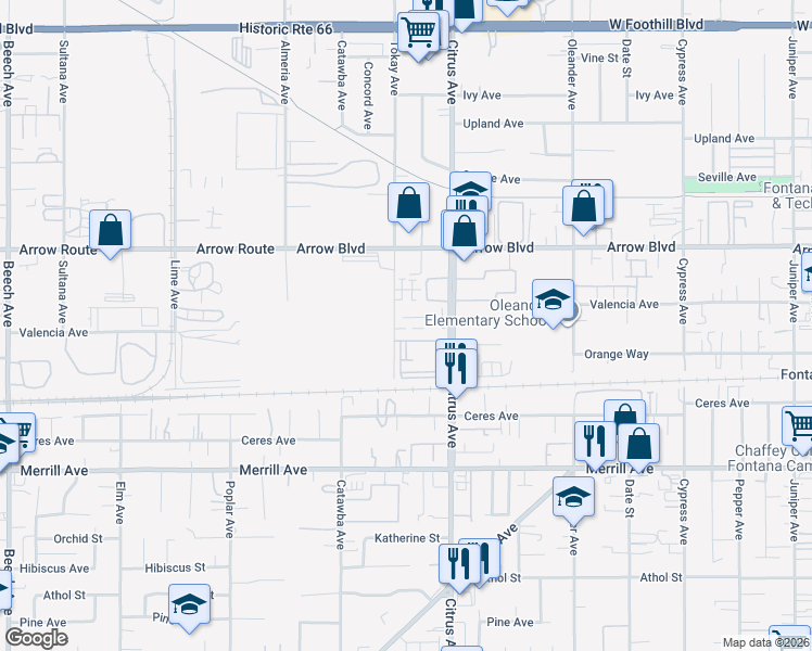 map of restaurants, bars, coffee shops, grocery stores, and more near 16015 Dorsey Avenue in Fontana