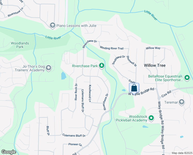 map of restaurants, bars, coffee shops, grocery stores, and more near 137 Riverchase Drive in Woodstock