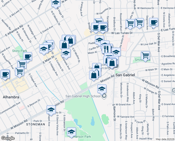 map of restaurants, bars, coffee shops, grocery stores, and more near 333 South Arroyo Drive in San Gabriel