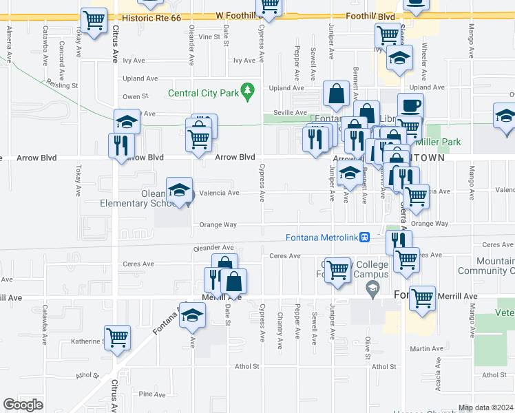 map of restaurants, bars, coffee shops, grocery stores, and more near 8636 Cypress Avenue in Fontana