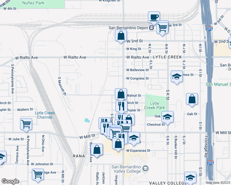map of restaurants, bars, coffee shops, grocery stores, and more near 1336 Walnut Street in San Bernardino