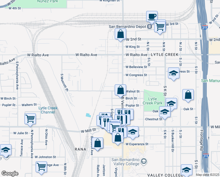 map of restaurants, bars, coffee shops, grocery stores, and more near 1366 Walnut Street in San Bernardino