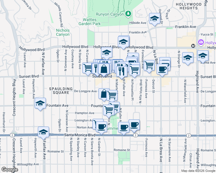 map of restaurants, bars, coffee shops, grocery stores, and more near 1427 North Vista Street in Los Angeles