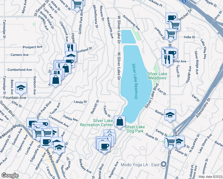 map of restaurants, bars, coffee shops, grocery stores, and more near 2036 Balmer Drive in Los Angeles