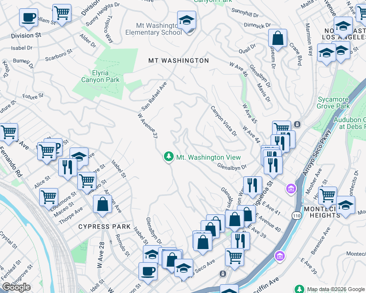 map of restaurants, bars, coffee shops, grocery stores, and more near 540 Mount Washington Drive in Los Angeles