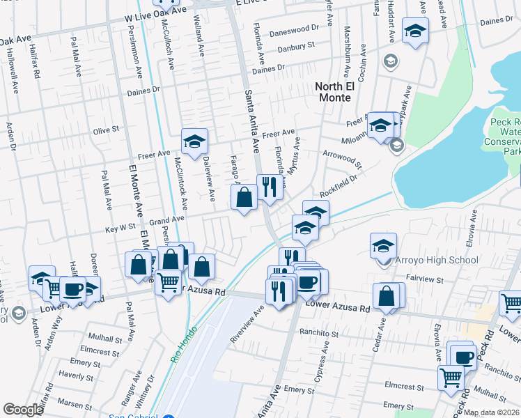 map of restaurants, bars, coffee shops, grocery stores, and more near 4989 Santa Anita Avenue in Temple City