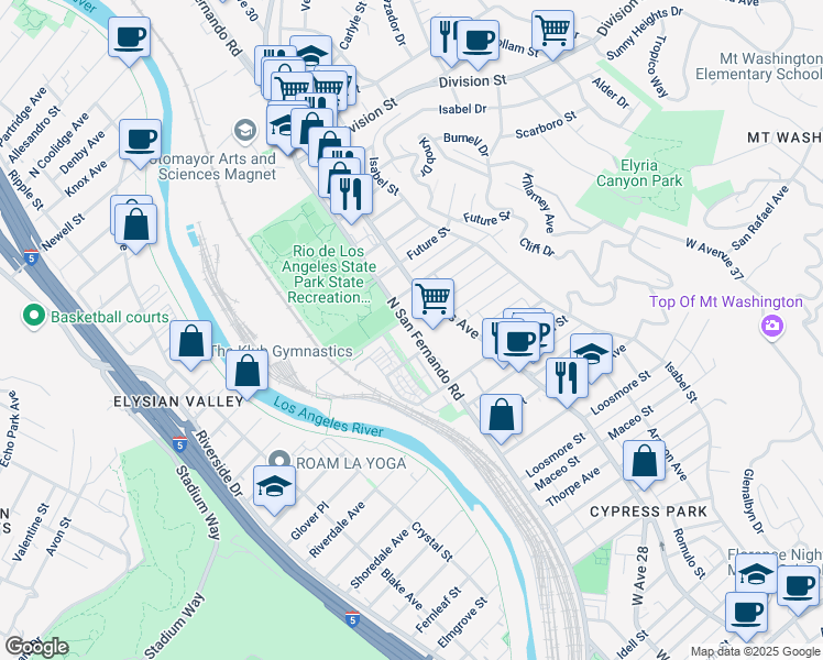 map of restaurants, bars, coffee shops, grocery stores, and more near 1545 North San Fernando Road in Los Angeles