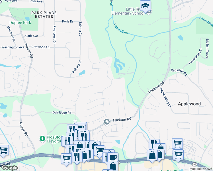 map of restaurants, bars, coffee shops, grocery stores, and more near 1039 Dunedin Trail in Woodstock