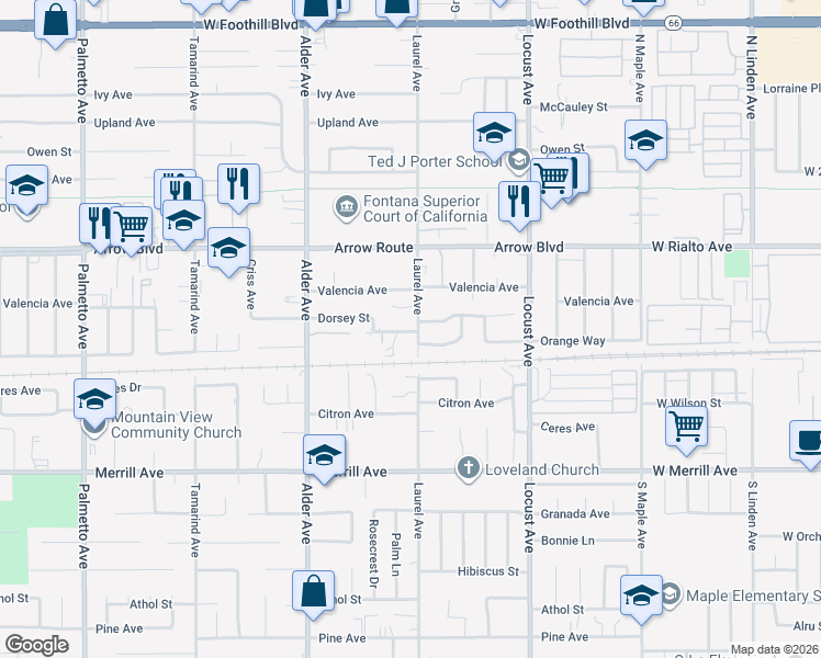map of restaurants, bars, coffee shops, grocery stores, and more near 17906 Orange Way in Fontana