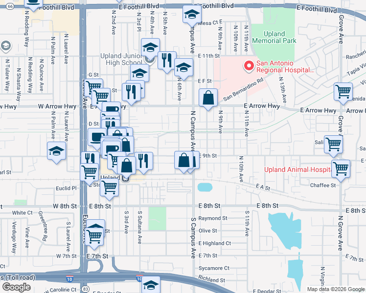 map of restaurants, bars, coffee shops, grocery stores, and more near 653 East 9th Street in Upland