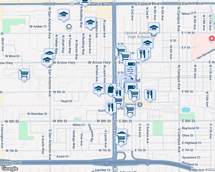 map of restaurants, bars, coffee shops, grocery stores, and more near 91 West 9th Street in Upland