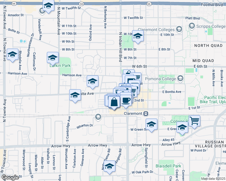 map of restaurants, bars, coffee shops, grocery stores, and more near 542 West Bonita Avenue in Claremont