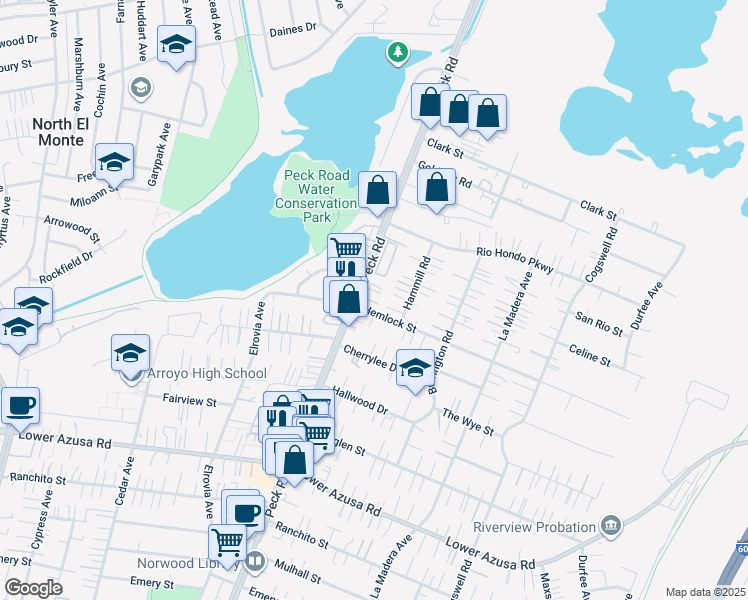 map of restaurants, bars, coffee shops, grocery stores, and more near 11613 Hemlock Street in El Monte