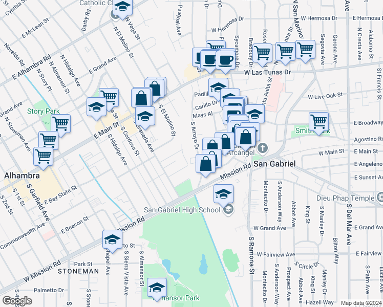 map of restaurants, bars, coffee shops, grocery stores, and more near 343 South Arroyo Drive in San Gabriel