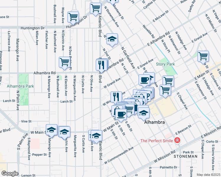 map of restaurants, bars, coffee shops, grocery stores, and more near 315 North 3rd Street in Alhambra