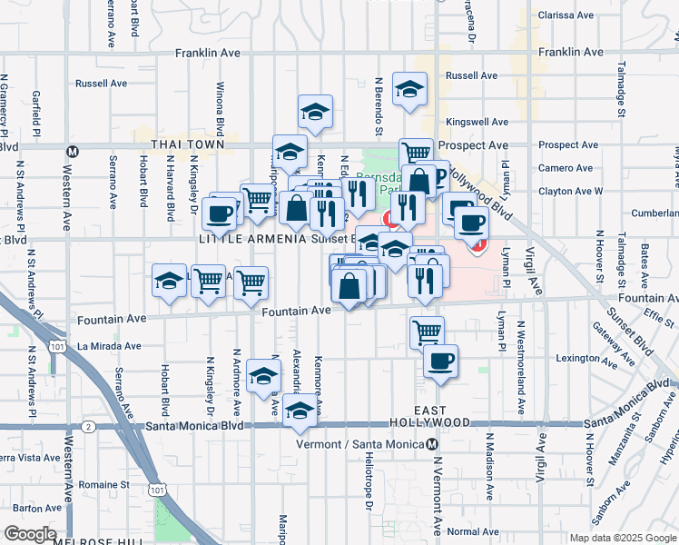 map of restaurants, bars, coffee shops, grocery stores, and more near 1340 North Edgemont Street in Los Angeles