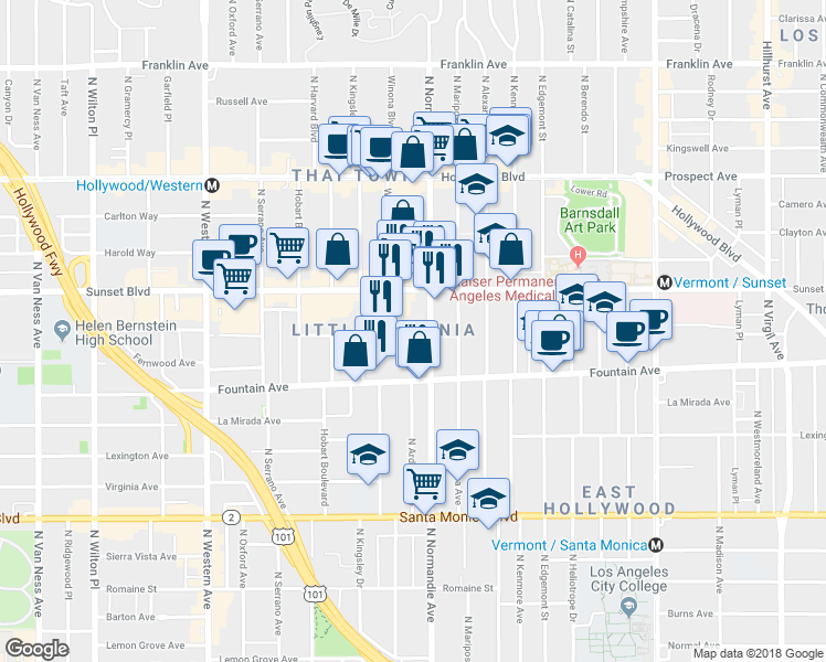 map of restaurants, bars, coffee shops, grocery stores, and more near 1344 North Normandie Avenue in Los Angeles