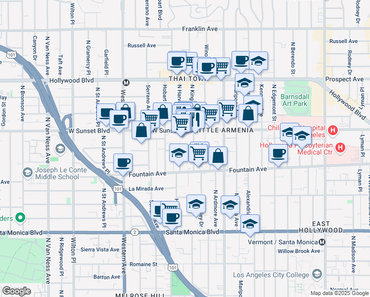 map of restaurants, bars, coffee shops, grocery stores, and more near 1345 North Kingsley Drive in Los Angeles
