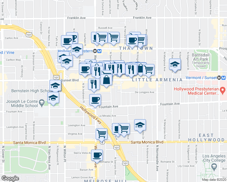map of restaurants, bars, coffee shops, grocery stores, and more near 1394 1/4 North Serrano Avenue in Los Angeles