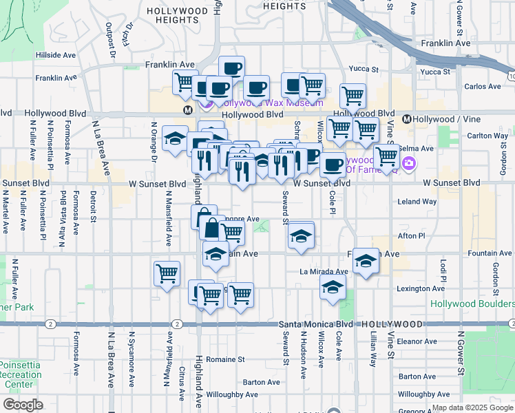 map of restaurants, bars, coffee shops, grocery stores, and more near 6651 De Longpre Avenue in Los Angeles