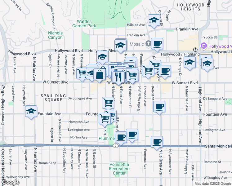 map of restaurants, bars, coffee shops, grocery stores, and more near 1411 North Fuller Avenue in Los Angeles