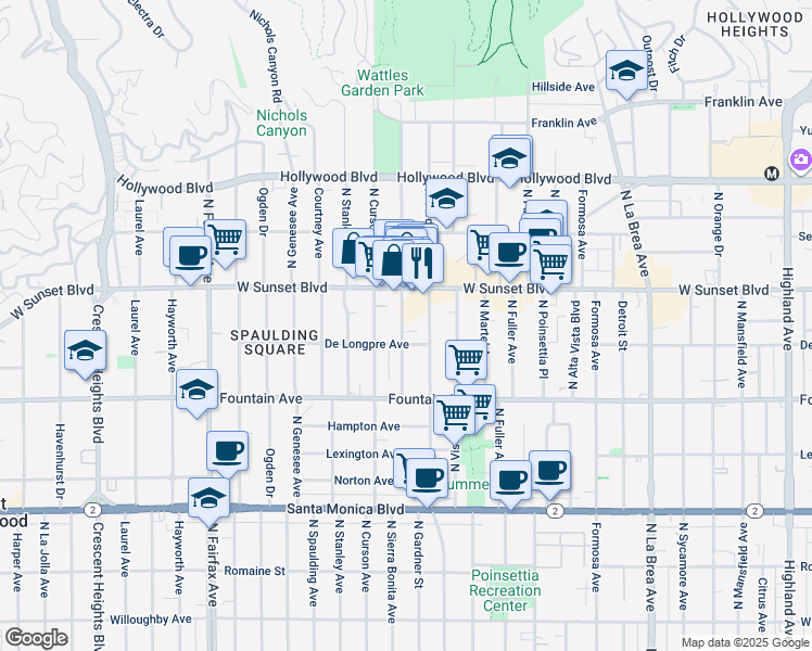 map of restaurants, bars, coffee shops, grocery stores, and more near 1411 North Sierra Bonita Avenue in Los Angeles