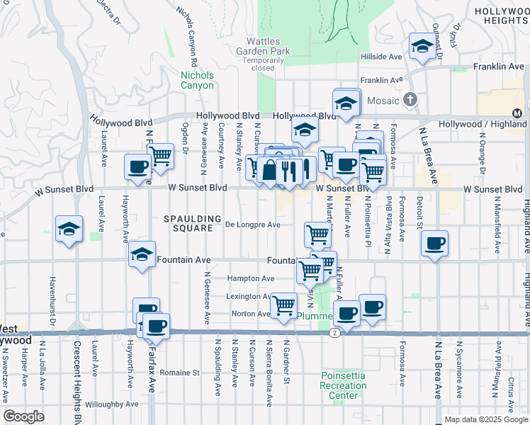 map of restaurants, bars, coffee shops, grocery stores, and more near 1411 North Sierra Bonita Avenue in Los Angeles
