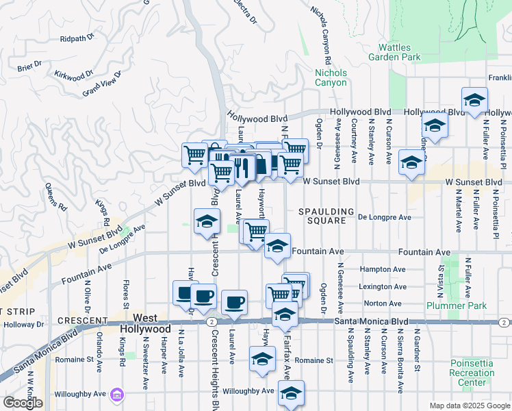 map of restaurants, bars, coffee shops, grocery stores, and more near 1419 North Hayworth Avenue in West Hollywood