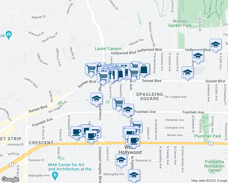 map of restaurants, bars, coffee shops, grocery stores, and more near 1419 North Hayworth Avenue in West Hollywood