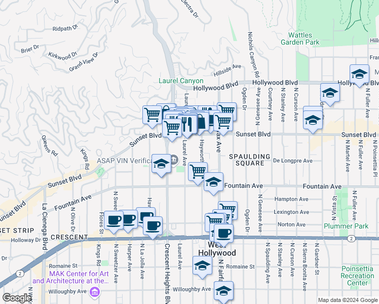 map of restaurants, bars, coffee shops, grocery stores, and more near 1419 North Hayworth Avenue in West Hollywood