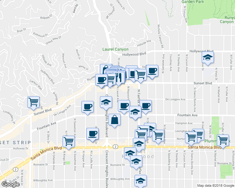map of restaurants, bars, coffee shops, grocery stores, and more near 1401 North Laurel Avenue in West Hollywood