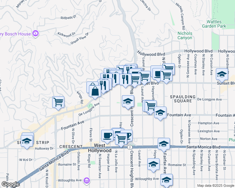 map of restaurants, bars, coffee shops, grocery stores, and more near 1415 Havenhurst Drive in Los Angeles