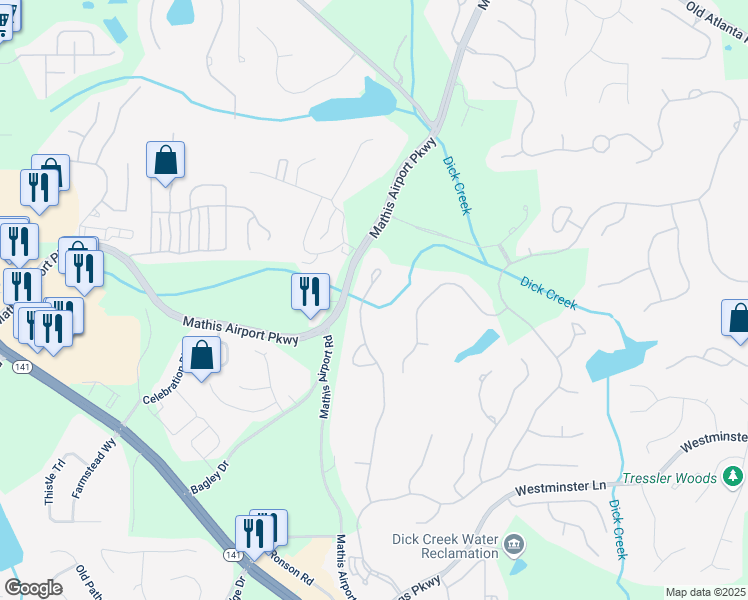map of restaurants, bars, coffee shops, grocery stores, and more near 5860 Stoneleigh Drive in Suwanee