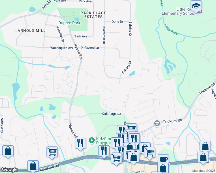 map of restaurants, bars, coffee shops, grocery stores, and more near 163 Neese Farm Drive in Woodstock