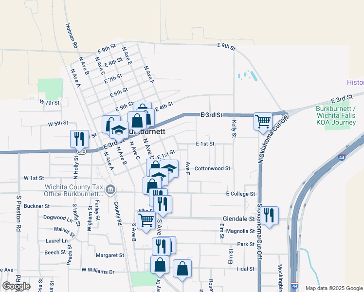 map of restaurants, bars, coffee shops, grocery stores, and more near 509 East 1st Street in Burkburnett