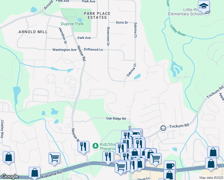map of restaurants, bars, coffee shops, grocery stores, and more near 163 Neese Farm Drive in Woodstock