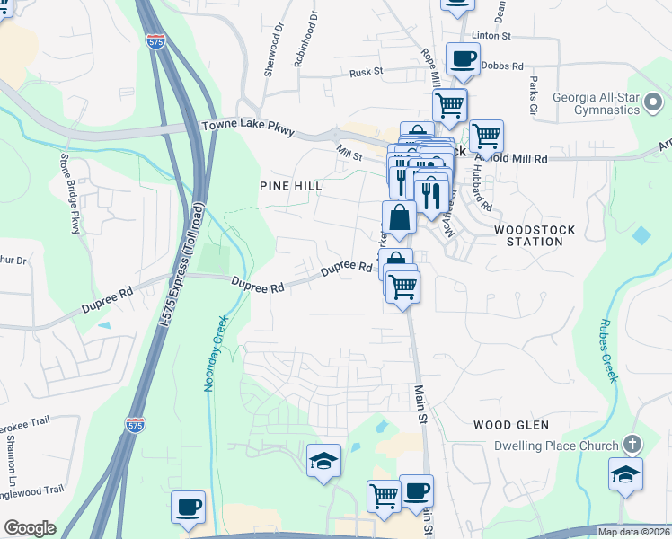 map of restaurants, bars, coffee shops, grocery stores, and more near 115 Lilli Lane in Woodstock