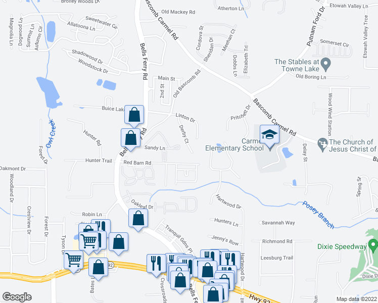 map of restaurants, bars, coffee shops, grocery stores, and more near 278 Derby Court in Acworth