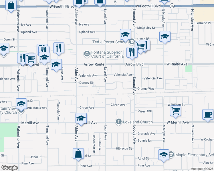 map of restaurants, bars, coffee shops, grocery stores, and more near 17903 Dorsey Way in Fontana